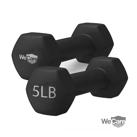 Wecare Fitness Neoprene Coated 5 Lbs Dumbbells for Non-Slip Grip, Set of Two, Black, 2PK WC-2P-5LB-BK